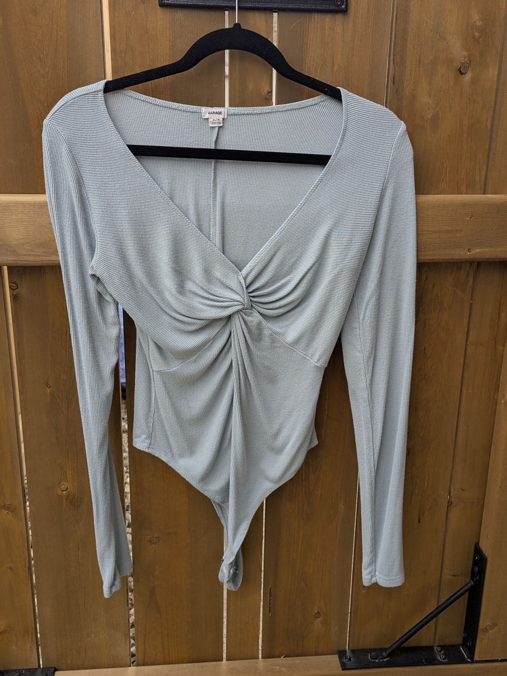 Garage Light Blue Twist-Front Ribbed V-Neck Bodysuit - Picture 13 of 16